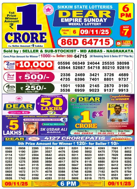 Lottery Result 6pm 2025 11 09