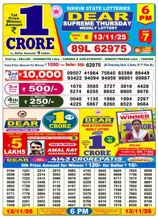 Lottery Result 6pm 2025 11 13